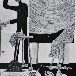 "Portrait sous l'orage" - peintures mixtes sur bois , dim. : 83.5x124.2x1.5, 2025, MMM