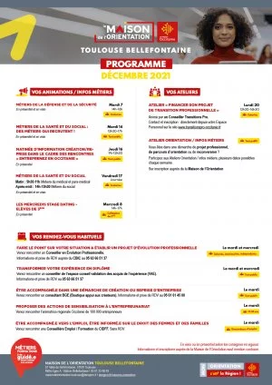 Affiche Agenda Maison de l'Orientation Toulouse-Bellefontaine Décembre 2021