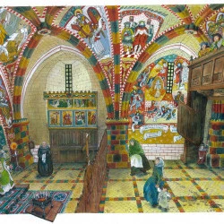 Recontitution historique de la chapelle du château de Castelnau eu 1502 - Illustration à l'encre fotmat A3, matériel pédagogique pour le public scolaire
