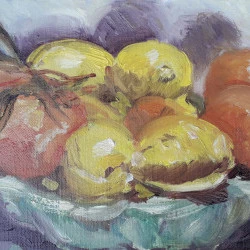 Des citrons et des oranges Nature Morte, - 13 x 18 cm l'huile sur toile de lin - sur le motif - Linda H Matthews 