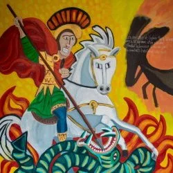 Saint Georges et le dragon - Technique mixte sur toile 100 x 100 – 2023 - Christophe Ducoin alias El Chuzpo 