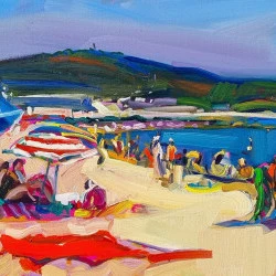 La plage de la Corniche. Sète. - Huile sur toile de lin. Format : 120 x 40 cm. - Alain DELMAS 