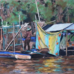Cambodge - Scene de vie sur le Tonle Sap - Pastel sec surpapier Pastelmat - dimensions 50 x 70 cm - Annette Cunnac 