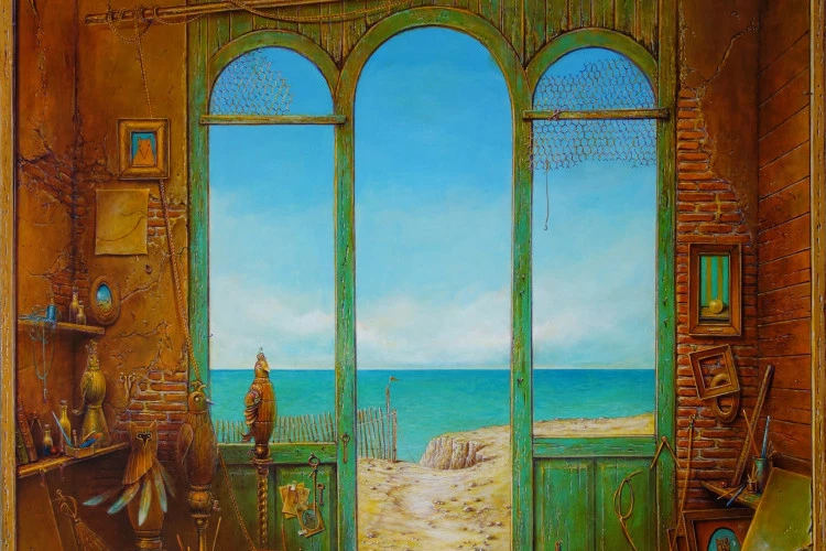 La boutique des masques à plumes - Acrylique sur panneau - 80 x 60 cm - Philippe Vercellotti 