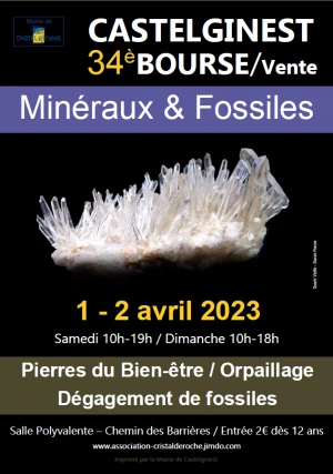 Affiche 34e Bourse Vente Minéraux, Fossiles et pierres du bien-être