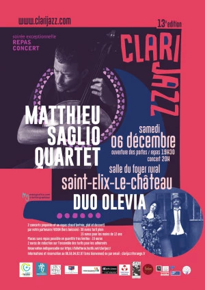 Affiche repas - spectacle : Matthieu Saglio Quartet - jazz méditerranéen et le duo Olévia - chansons jazzy