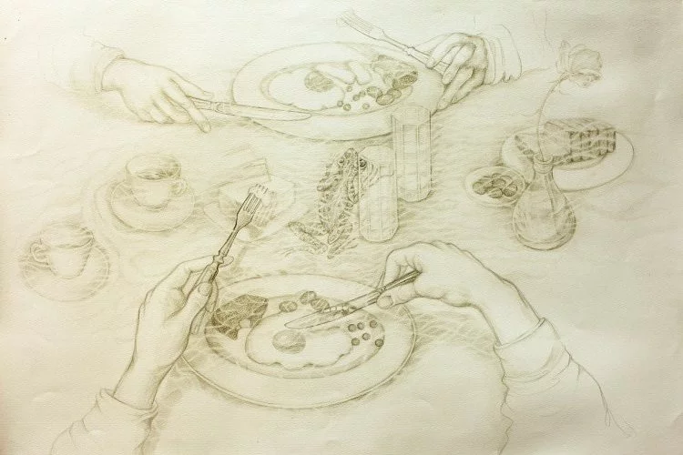 I want the breakfast not to end with the triptych centre. - Oeuvre sur papier, crayon graphite. - ©Victoria Palma 