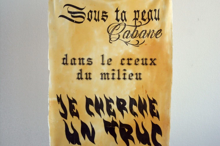peau cabane - Transfert sur latex, oeillets, chaînes, mousquetons, crochets, béton. 2026 - Fabienne Jaureguiberry 
