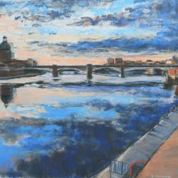 Toulouse - Coucher de soleil sur la Garonne en hiver - Pastels sec sur papier Pastelmat - dimensions 70 x 50 cm - Annette Cunnac 
