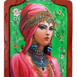 la jeune fille aux perles - Peinture sur bois, acrylique. Taille 25/41 cm