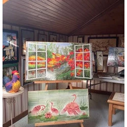 La rivière et les flamands rose - Fait à la main sur céramique - 900 et 800 