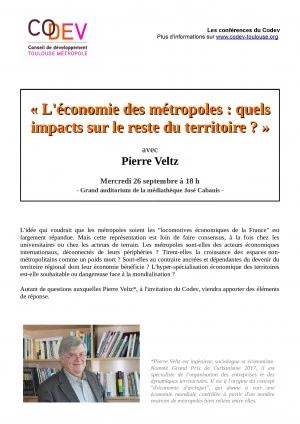 Affiche Conférence avec Pierre Veltz - "L'économie des métropoles : quels impacts sur le reste du territoire ?"