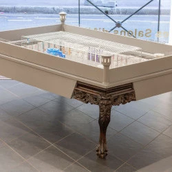 Ensuquer et punir - Boîtes de médicaments psychotropes (anxiolytiques, hypnotiques, antidépresseurs, régulateurs de l'humeur, neuroleptiques, antipsychotiques, opioïdes), piluliers mensuels et hebdomadaires, cage, mégots, table basse, métal, bois peint. (160x80x50cm) - Étienne Cliquet, 2023 