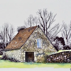 Une grange dans le Quercy - Aquarelle et encre de chine