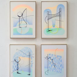 Murs liquides, 2025 - Accrochage. Crayon de couleur sur papier et cadres en balsa.