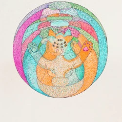 Pelote de chats - Mandala composé de chats, aquarelle et crayons de couleurs, 32 x 24 cm - Jeanne METTRA 