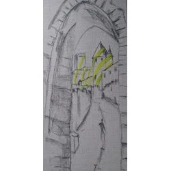 La Cité de Carcassonne et l'oeuvre de Varini - Toile sur lin brut au fusain représentant une vue de la citée de Carcassonne à l'époque de la prestation de Varini.