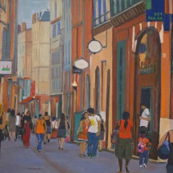 Toulouse - rue Saint-Rome un samedi - Huile sur toile - dimensions 73 x 50 cm - Annette Cunnac 