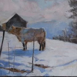 Cow in snow - Cow in snow ; Huile sur bois. 30 x 35cm