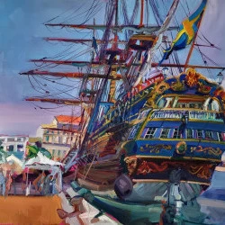 Escale à Sète du Göteborg. - Huile sur toile de lin. Format : 110 x 110 cm. - Alain DELMAS 