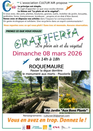 Affiche Gratiféria le 8 mars 2026, jardin botanique Aux bons Plants à Roquemaure