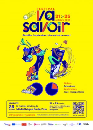 Affiche Festival Va Savoir ?! 2025 dans les médiathèques de la métropole de Montpellier