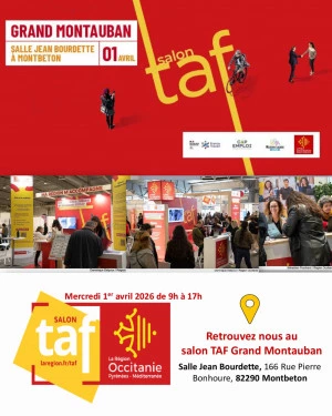 Affiche Programme des mini-conférences et ateliers du Salon TAF du Grand Montauban, mercredi 1er avril 2026 à Montbeton salle Jean Bourdette