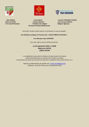 Affiche CEREMONIE DES "JUSTES PARMI LES NATIONS" pour Monsieur Jules LAPEYRERE