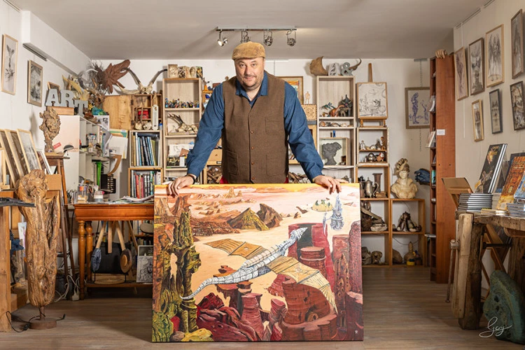 Mon atelier d'art - Tableau unique, huile, aquarelle et acrylique représentant mon art fantastique - Christophe Dougnac 