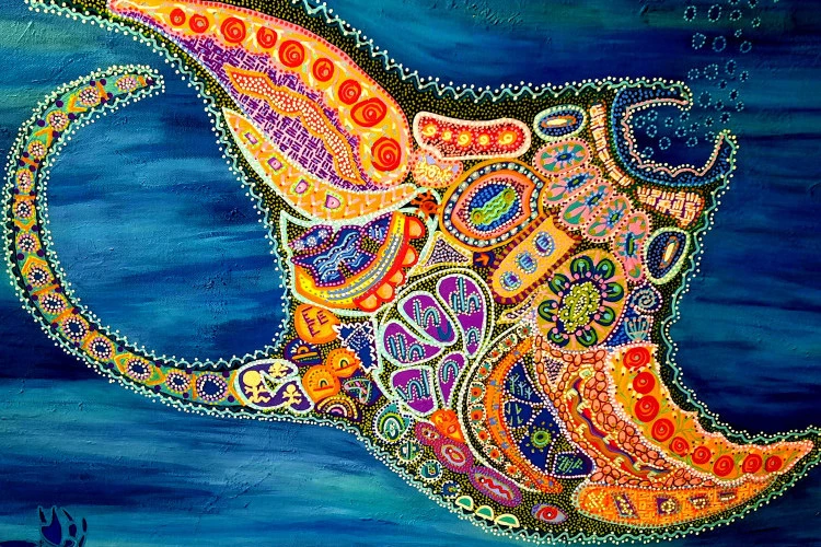 Raie Manta - Raie Manta, qui cache des symboles sacrés, toile 3D, 60x80cm, acrylique - TERRES ET ARTS D ICI ET D AILLEURS 