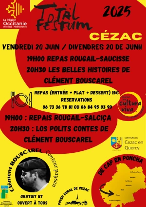 Affiche Repas et Les belles hitoires de Clément Bouscarel à Cézac
