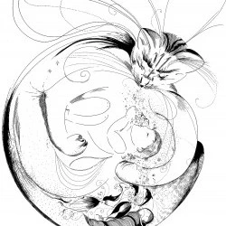 Chat Berceuse - dessin au trait - 50 x 65 cm - illustration (extrait) "Le Chat qui allait son chemin tout seul", Rudyard Kipling - Catherine ORNON 