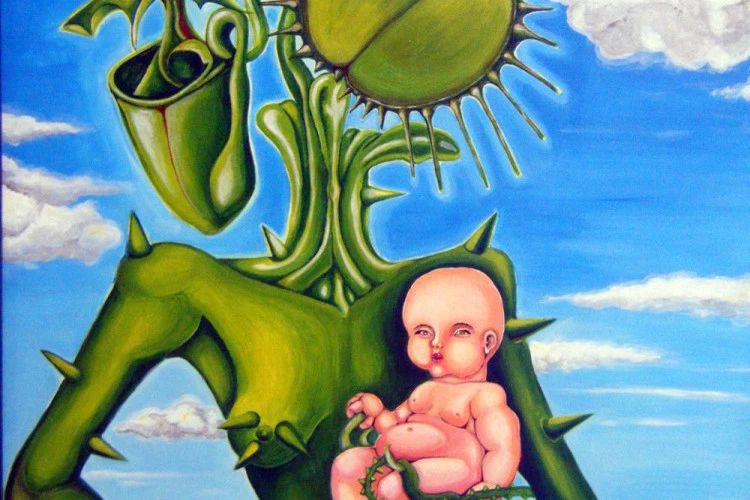 Monstre Vert - Peinture acrylique sur toile coton, châssis bois 80 x 65 cm, vernis brillant. Encadré, cadre en bois vert 2007 - Florence H 