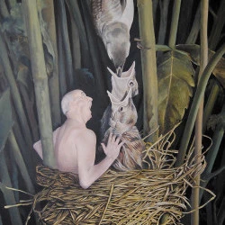 La becquée - Acrylique sur toile, format 90 X 130 cm