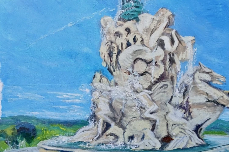 Fontaine du Titan, le Plateau des Poètes Béziers - 150 x 100cm L'huile sur lin - Atelier - Linda H Matthews 