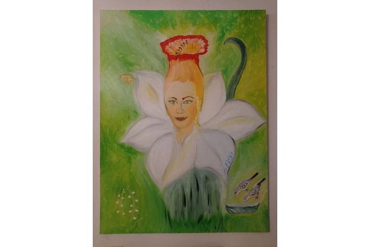 Spring affair - Huile sur bois - Autoportrait d'une série appelée ''Moi jeux'' autour des quatre saisons. Celui-ci évoque le printemps. - © ADAGP, Paris, 2025. Patricia Lackersteen 