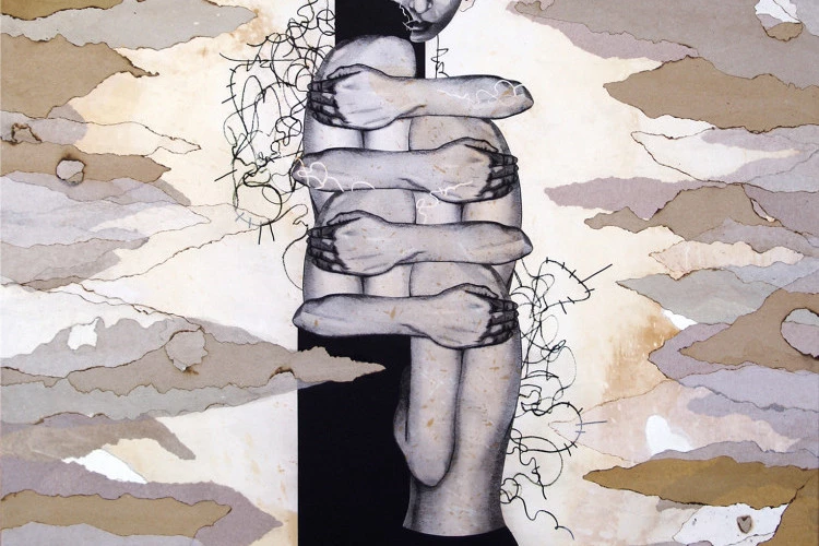 Autoprotection - Format 81x100 cm - Techniques mixtes sur toile - Dessin graphite et vectoriel, brou de noix, eau de javel, papiers d'emballage (kraft, papier de soie…) déchirés, brulés, collés par strates - 2023 - Zabel Charrié 