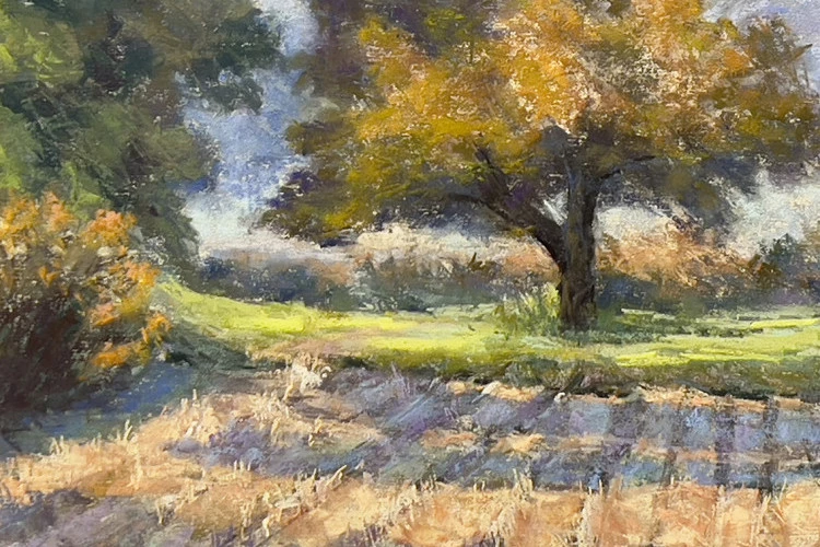 Beauté matinale - Peint au pastel sur le motif - Taille 40x40 - Lumière du matin dans le Lot :Tour de Faure - Martine Tulet 