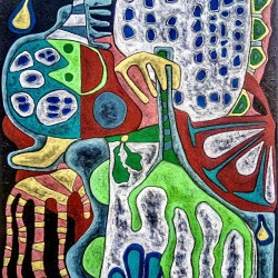 "Homme des vases" - peintures mixtes sur bois , dim. : 80x115x1.5, 2023, MMM