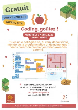 Affiche Coding Goûters parents-enfants : découvrir la programmation numérique.