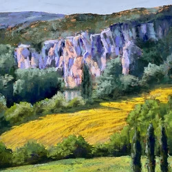 Vue de ma fenêtre - Champs de Tournesol et falaises vues de Saint Cirq- dimension 40x40 cm - - Martine Tulet 