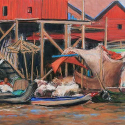 Cambodge - Scene de vie au bord du Tonle Sap - Paste sec sur papier Pastelmat - Dimensions 45 x 70 cm - Annette Cunnac 