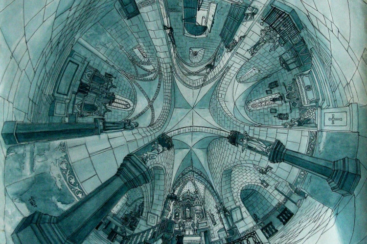 Eglise de Peyrilles - Acrylique + encre sur papier - 50 X 50 cm - 2007