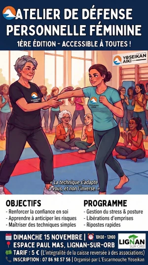 Affiche Ateliers mensuels exclusivement dédiés à la protection personnelle féminine.