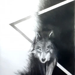 Le loup, série sauvages menacés - 150x100 cm, fusain sur papier Arches