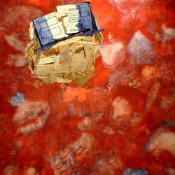 "Rivière rouge étrangement trouble" - Gouache sur paier de soie résiné sur fond de couverture de survie, 200 x 140 cm, 2017 - Bernard Rousseau 