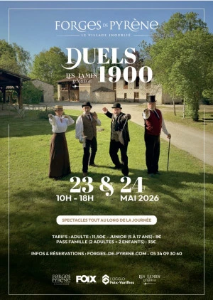 Affiche Duels 1900 aux Forges de Pyrène : spectacle historique et escrime de la Belle Époque