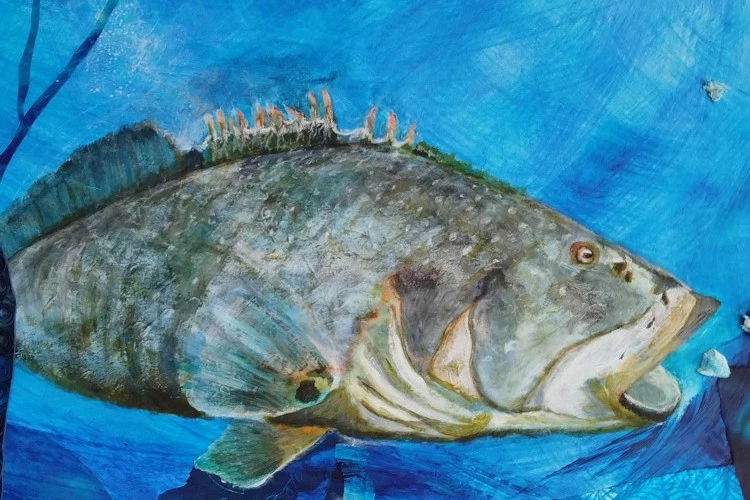 Dans la mer n°1 - Acrylique, collages, déchets et papier roulé sur calendrier recyclé - Laïline (Laïla et Pascaline) 