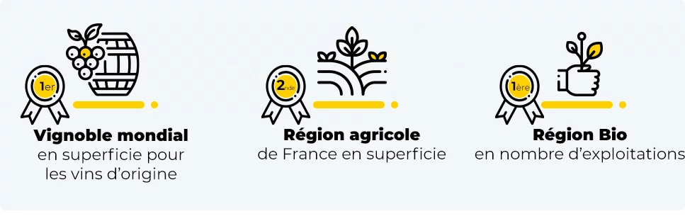 1er vignoble mondial en superficie pour les vins d'origine ; 1ere région agricole de France en superficie, 1ere région bio en nombre d'exploitations