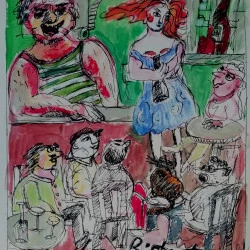 croquis préparatoire pour la peinture murale hommage à Brassens Rue de Tunis - aquarelle et stylo sur papier